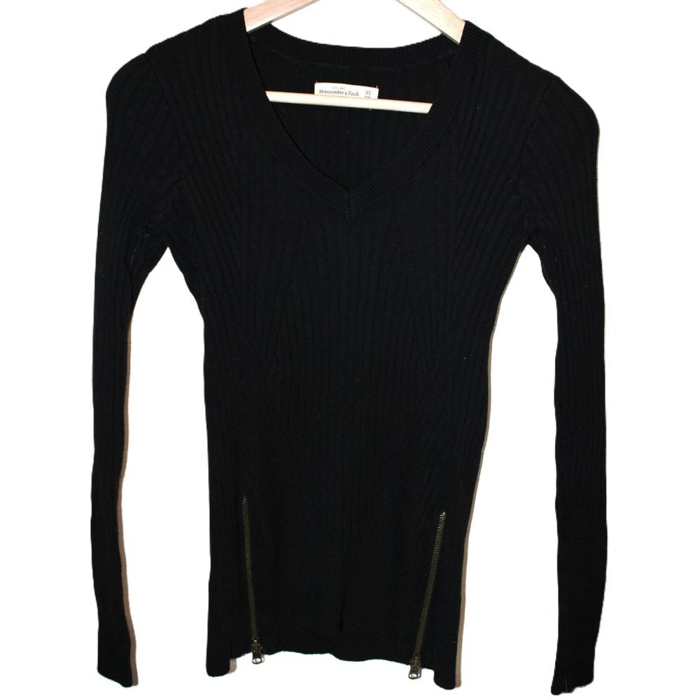 Women Abercrombie & Fitch Black Cotton Ribbed Long Sleeve V-Neck Sweater Size XS
